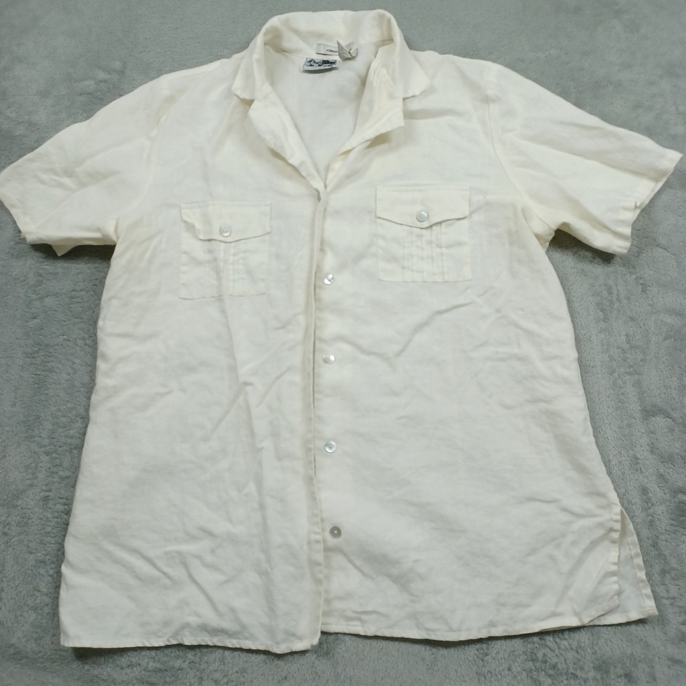 Irish Linen Top Womens Large White Button Up Edward Pockets Short Sleeve‎
